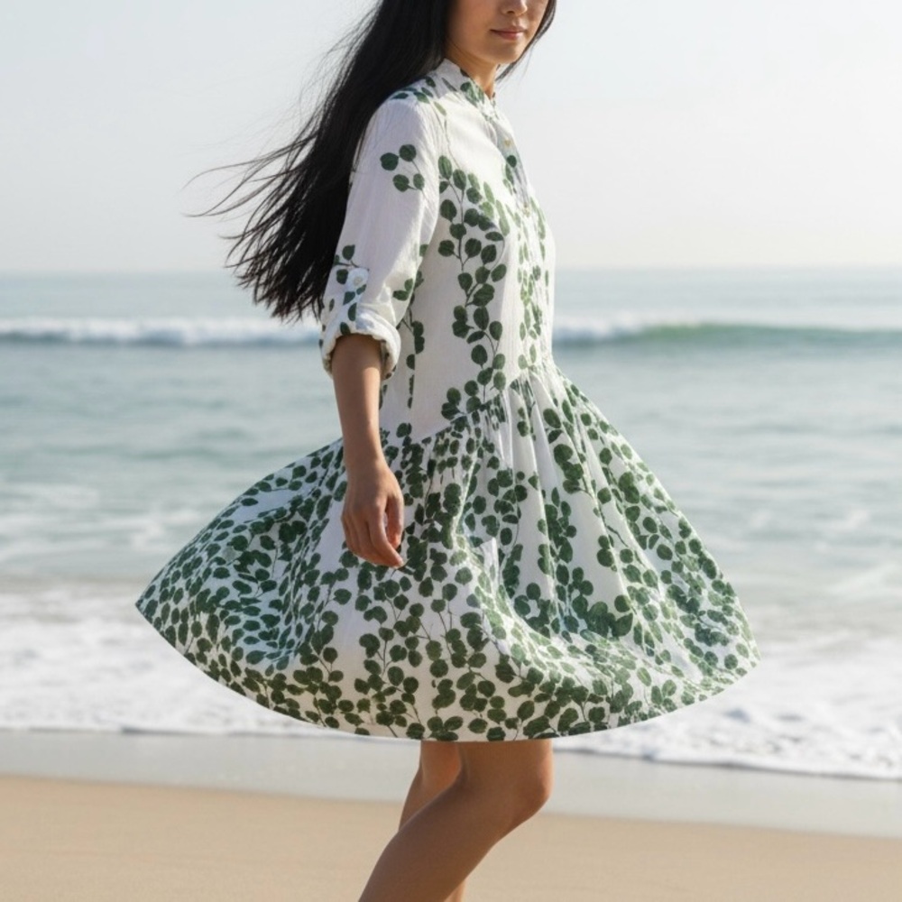 Ro’s Garden Alma Shirt Dress White Green Leaf Size XS